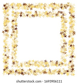 Square Frame of Big Star Confetti. Golden New Year Background. Bright Decoration for Holiday Card Print Poster. Realistic Glitter. Isolated NewYear Background. Vector.
