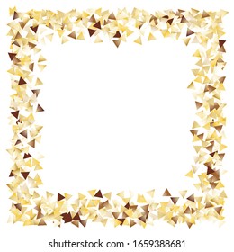 Square Frame of Big Triangle Confetti. Golden Party Background. Festive Decoration for Holiday Cover Wallpaper Card. Realistic Glitter. Isolated Party Background. Vector.