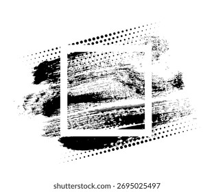 Marco cuadrado con pinceladas negras y puntos de semitono sobre fondo blanco. Manchas de pintura áspera combinadas con bordes modernos para Anuncio o póster. Ilustración vectorial Abstractas.