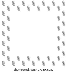 Square frame of black contour hand-drawn seahorses with zentangle style bubbles on a white background. Isolated template for text from ornamental freshwater ray-finned fish. Copy space. Vector.