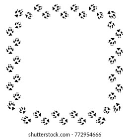 Square frame with black dog track isolated on white background. Animal footprint silhouette. Border with paw print.