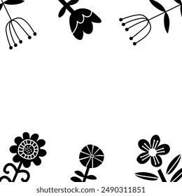 Square frame with black north flowers on white background. Vector background. 