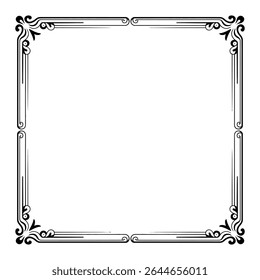 A square frame with a black ornate border on a white background features elegant vintage style swirls and lines creating a classic decorative pattern.