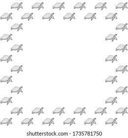 Square frame of black outline hand-drawn stylized turtles with zentangle ornament on a white background. Isolated template from reptile animals with shell for banner, card, flayer etc. Vector.