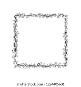 Square frame with black and white doodle leaves and lianas.Decoration for greeting card,wedding invitation,save the date.Frame for your design with place for text