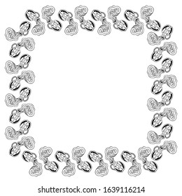 A square frame of black and white inverted jugs with water pouring from them. Template with place for text symbolizing the zodiac sign Aquarius. Waves flowing from ceramic vessels. Vector.