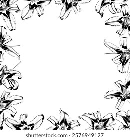 Square frame of black and white lilies on white background