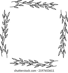 Square frame with black-and-white branches on white background. Vector image.
