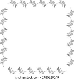 Marco cuadrado con ramas sakura en blanco y negro sobre fondo blanco. Imagen vectorial.
