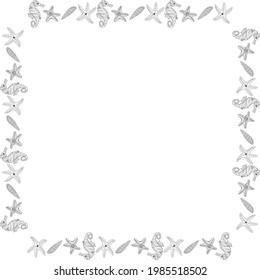 Marco cuadrado con conchas de mar en blanco y negro, caballito de mar y pez estrella sobre fondo blanco. Imagen vectorial.
