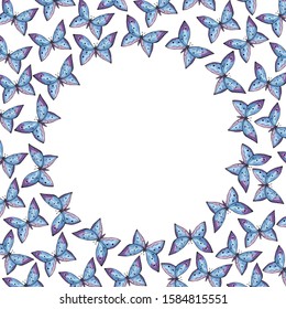 Square frame of blue butterflies on a white background. Realistic flying insects. Iridescent wings. Stock vector illustration.