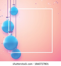 Quadrado com baubles de Natal azuis pendurados em fitas rosa. Estrelas confete. Espaço para texto. Ilustração festiva vetorial.