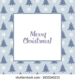 Marco cuadrado con árboles de Navidad azules y copos de nieve, para tarjetas de felicitación, invitaciones, afiches, pancartas.