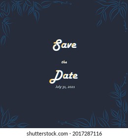 square frame of blue flowers, navy blue background. Wedding invitation. Vector illustration. Floral arrangement with text. Design template greeting card