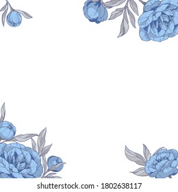 square frame with blue peonies flowers, Hand drawn vector illustration. flower design for natural cosmetics, perfumes, wedding invitation card and greeting cards