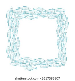 Square frame of blue sea fishes on a white background. Vector graphic style in ink.Marine theme for posters, aquariums, prints, cards, fabric, decoration of restaurants.