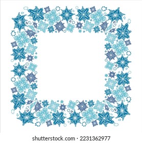 Square frame with blue snowflakes for conceptual design. Pattern background. Winter background. Frame. Invitation card design.