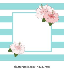 Square frame in blue stripes with hibiscus flower. Card or banner.