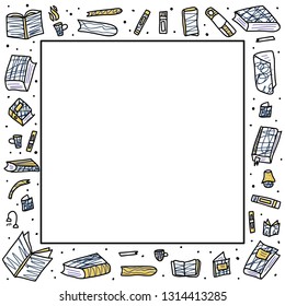 Square frame of book set in doodle style. Book club concept. Symbols of reading on white background. Vector illustration.