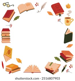 Quadratischer Rahmen aus Büchern und Herbstelementen, Bildungssymbolen. Hintergrund für Buchladen, Lernen, Bibliothek, Leseclub, Banner Concept Design. 