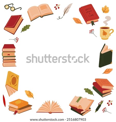 Square frame of books and autumn elements, education  symbols. Background for book store, learning, library, reading club, banner concept design. 