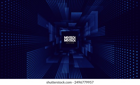 Square Frame Border Blue Lights DJ Party Flyer Background. Rectangle Tunnel Big Data Backdrop. Abstract Blue Digital Background. Computer Digital Tunnel Technology Vector Illustration.