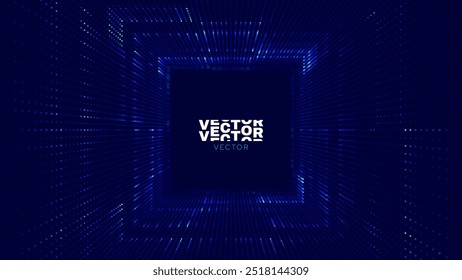 Square Frame Border Blue Lights DJ Party Flyer Background. Rectangle Tunnel Big Data Backdrop. Abstract Blue Digital Background. Computer Digital Tunnel Technology Vector Illustration.