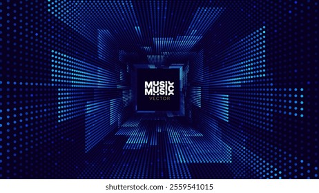 Square Frame Border Blue Lights DJ Party Flyer Background. Rectangle Tunnel Big Data Backdrop. Abstract Blue Digital Background. Computer Digital Tunnel Technology Vector Illustration.