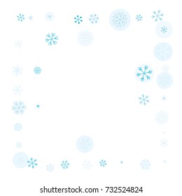Square frame or border Christmas background with random scatter falling turquoise snowflakes and blue polka dots isolated on white.