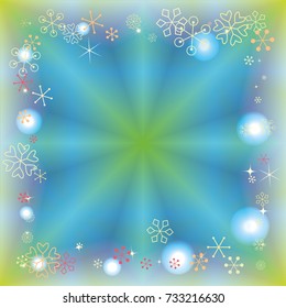 Square frame or border Christmas background with random scatter falling colorful snowflakes and bright lights and sparkles on a blue and green background.