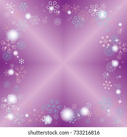 Square frame or border Christmas background with random scatter falling colorful snowflakes, blurred lights and sparkles on a lilac gradient background