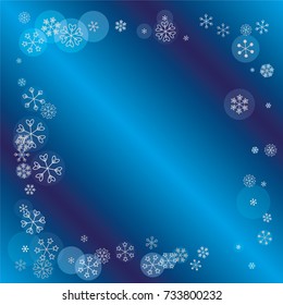 Square frame or border Christmas background with random scatter falling silver snowflakes and blue polka dots on a navy blue background.