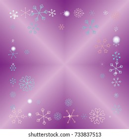 Square frame or border Christmas background with random scatter falling colorful snowflakes, blurred lights and sparkles on a lilac gradient background