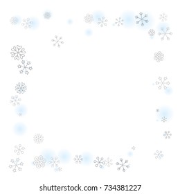 Square frame or border Christmas background with random scatter falling silver snowflakes and blue blurred dots isolated on white.