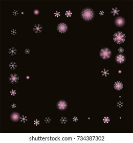 Square frame or border Christmas background with random scatter falling silver snowflakes and pink blurred lights isolated on black