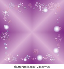 Square frame or border Christmas background with random scatter falling colorful snowflakes, blurred lights and sparkles on a lilac gradient background