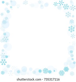 Square frame or border Christmas background with random scatter falling turquoise snowflakes and blue polka dots isolated on white.
