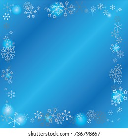 Square frame or border Christmas background with random scatter falling silver snowflakes, blue blurred lights and sparkles on a blue background