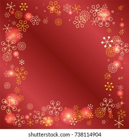 Square frame or border Christmas background with random scatter falling golden snowflakes, red blurred lights and sparkles on a red gradient background