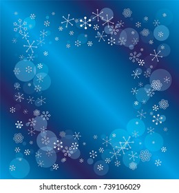 Square frame or border Christmas background with random scatter falling silver snowflakes and blue polka dots on a navy blue background.