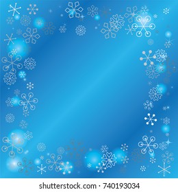 Square frame or border Christmas background with random scatter falling silver snowflakes, blue blurred lights and sparkles on a blue background