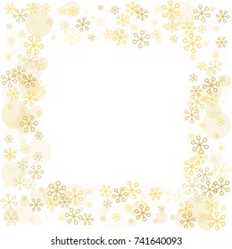 Square frame or border Christmas background with random scatter falling golden snowflakes and yellow polka dots isolated on white.