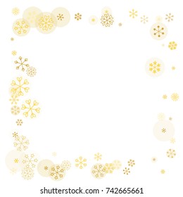 Square frame or border Christmas background with random scatter falling golden snowflakes and yellow polka dots isolated on white.