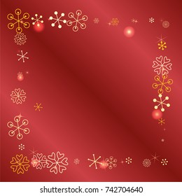 Square frame or border Christmas background with random scatter falling golden snowflakes, red blurred lights and sparkles on a red gradient background