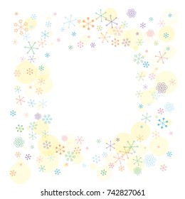 Square frame or border Christmas background with random scatter falling colorful snowflakes and yellow polka dots isolated on white.