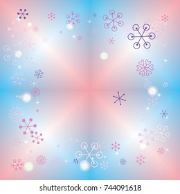 Square frame or border Christmas background with random scatter falling colorful snowflakes, bright lights and sparkles on a blue and pink blurred background