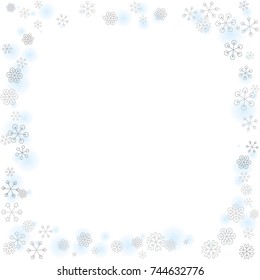 Square frame or border Christmas background with random scatter falling silver snowflakes and blue blurred dots isolated on white.