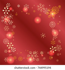 Square frame or border Christmas background with random scatter falling golden snowflakes, red blurred lights and sparkles on a red gradient background