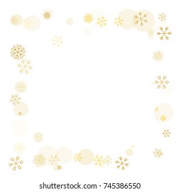 Square frame or border Christmas background with random scatter falling golden snowflakes and yellow polka dots isolated on white.