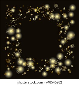 Square frame or border Christmas background with random scatter falling gold snowflakes and yellow blurred lights isolated on black.